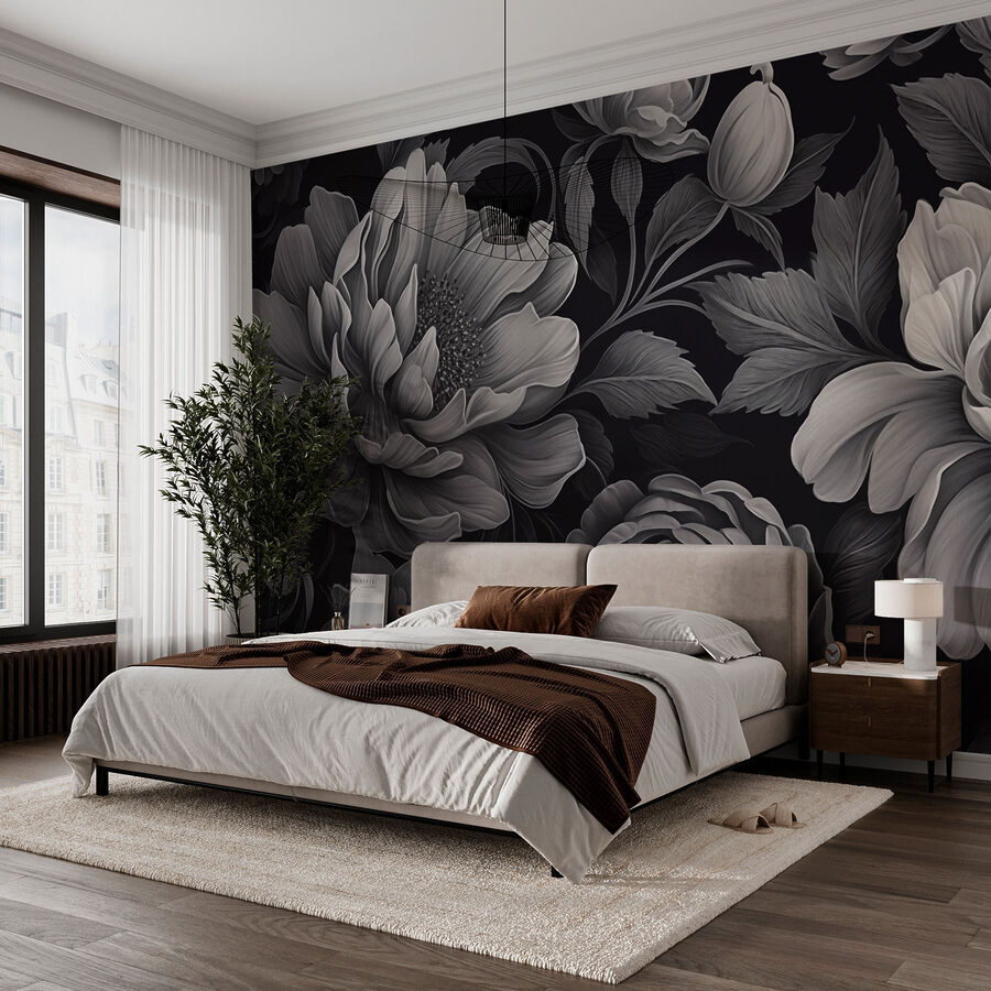 Papel de parede Padrão floral preto e branco