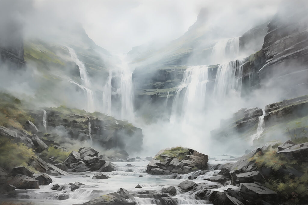 Cascata nas montanhas com nevoeiro Cascata nas montanhas com nevoeiro