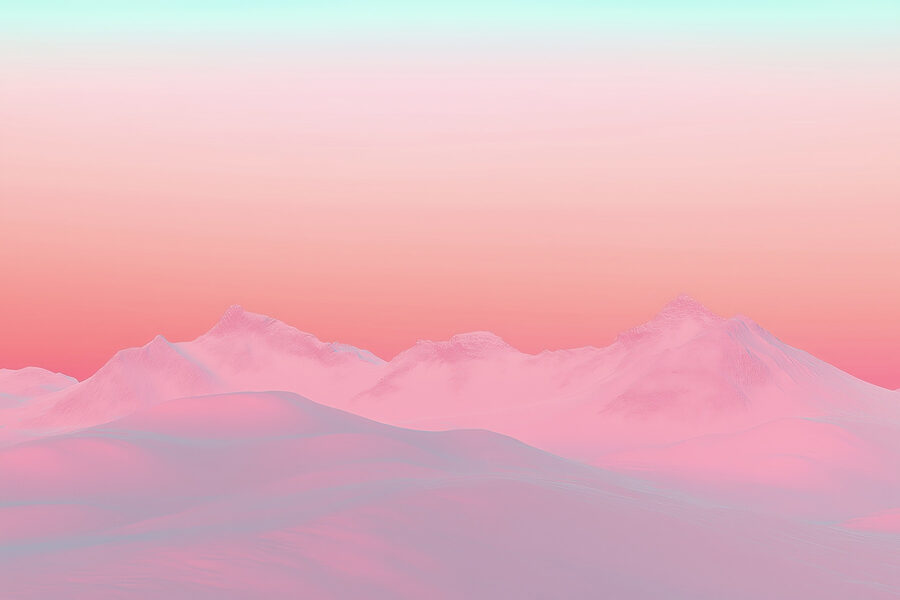 Céu cor-de-rosa e azul sobre uma cadeia de montanhas nevadas