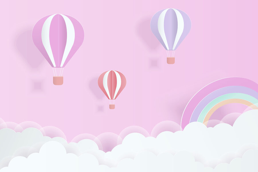Fundo cor-de-rosa com balões e um arco-íris