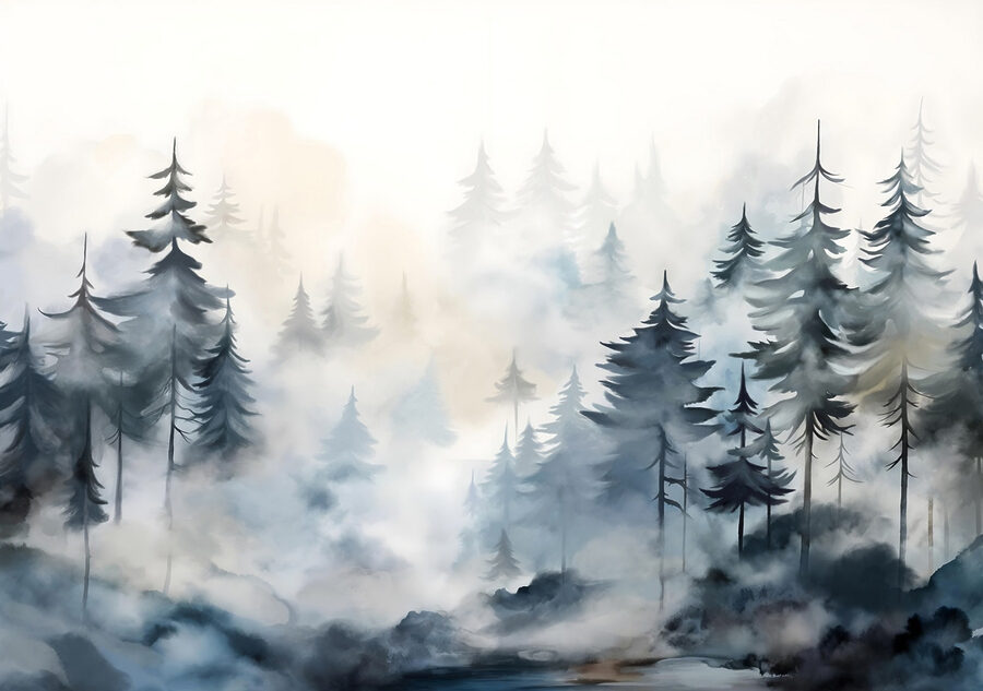 Pintura de árvores e nevoeiro