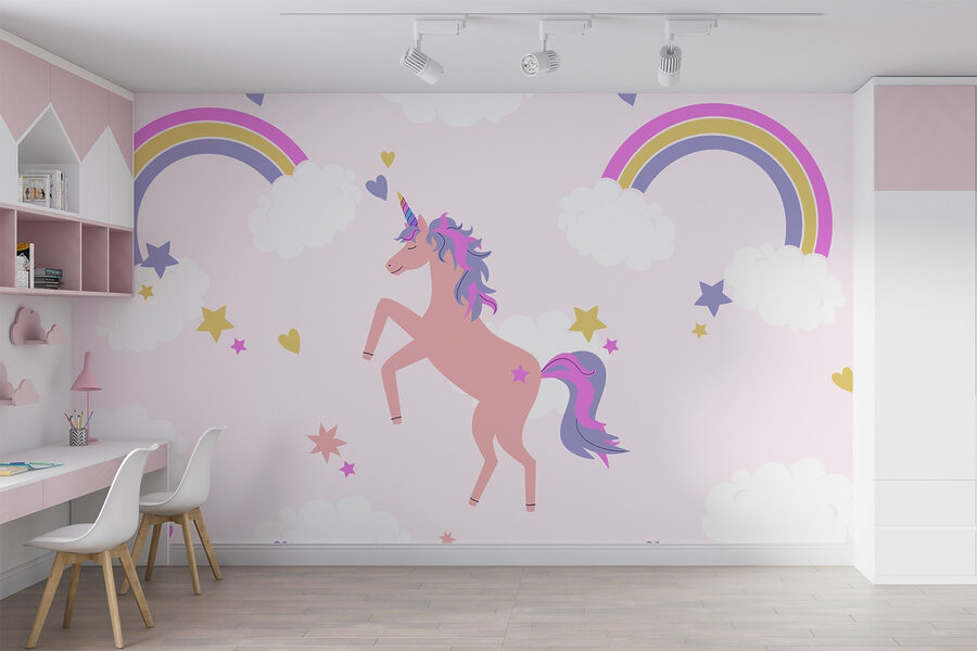 Unicórnio com arco-íris e estrelas