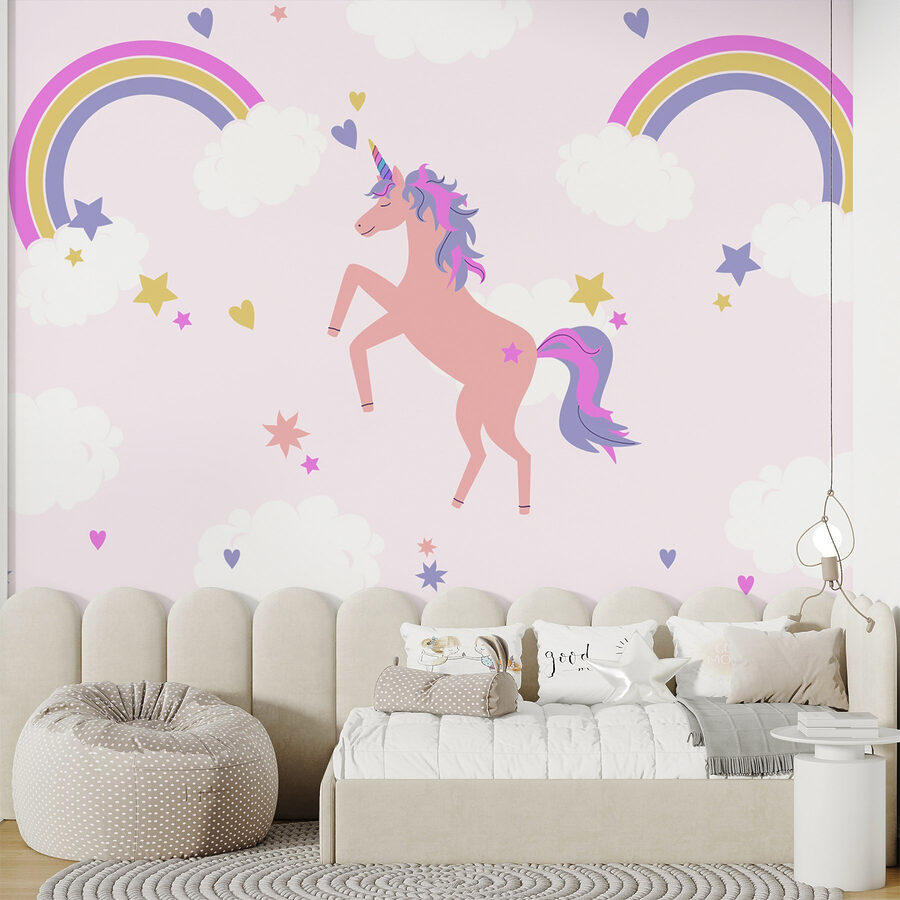 Unicórnio com arco-íris e estrelas