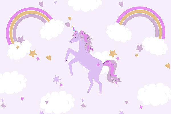 Unicórnio roxo com estrelas e arco-íris Unicórnio roxo com estrelas e arco-íris
