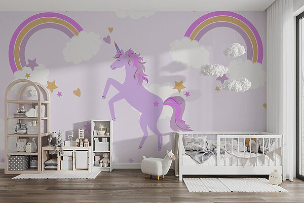 Unicórnio roxo com estrelas e arco-íris Unicórnio roxo com estrelas e arco-íris