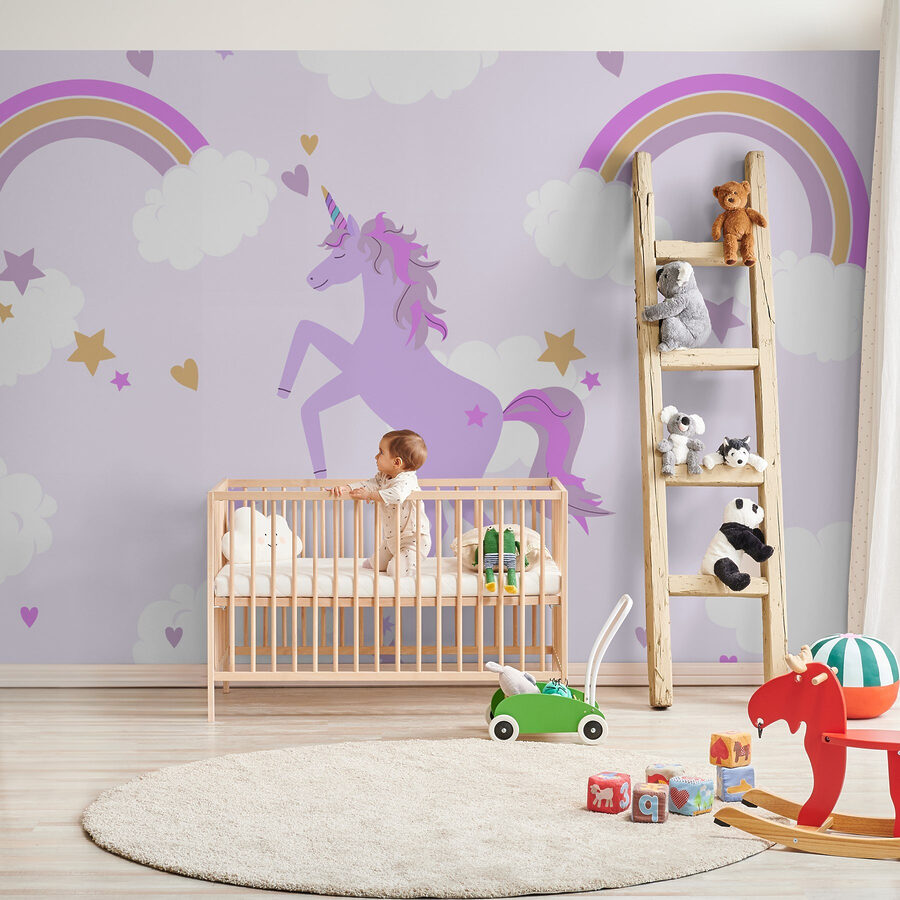 Unicórnio roxo com estrelas e arco-íris