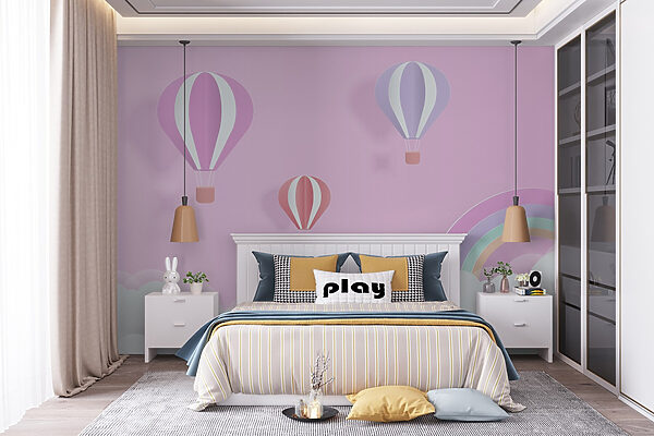 Fundo cor-de-rosa com balões e um arco-íris Fundo cor-de-rosa com balões e um arco-íris