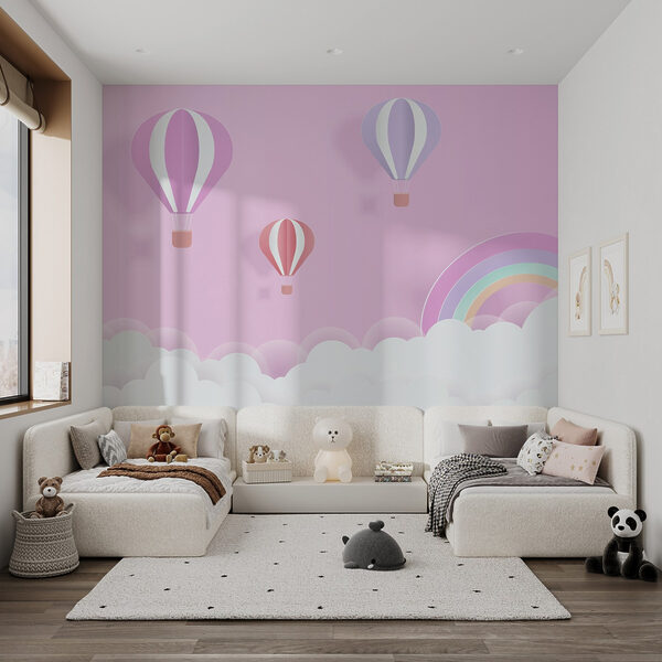 Fundo cor-de-rosa com balões e um arco-íris Fundo cor-de-rosa com balões e um arco-íris