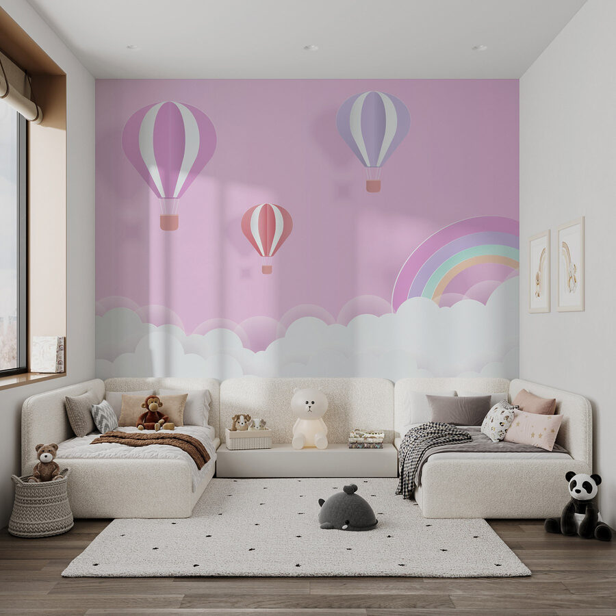 Fundo cor-de-rosa com balões e um arco-íris