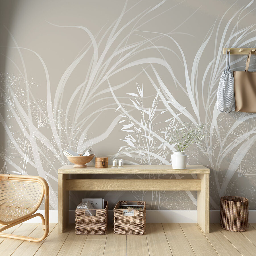 Desenho floral branco sobre um fundo cinzento