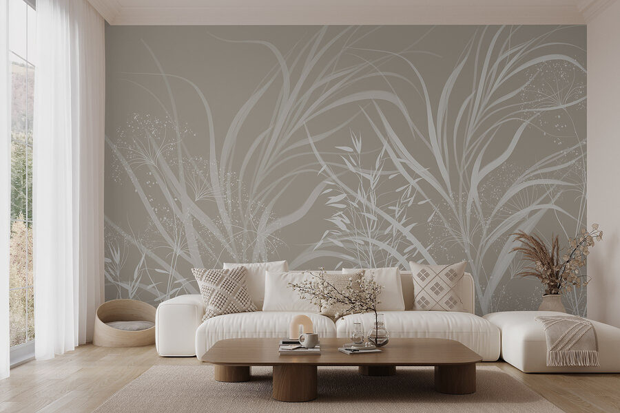 Desenho floral branco sobre um fundo cinzento