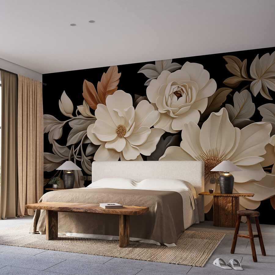 Grupo de flores brancas com folhas castanhas