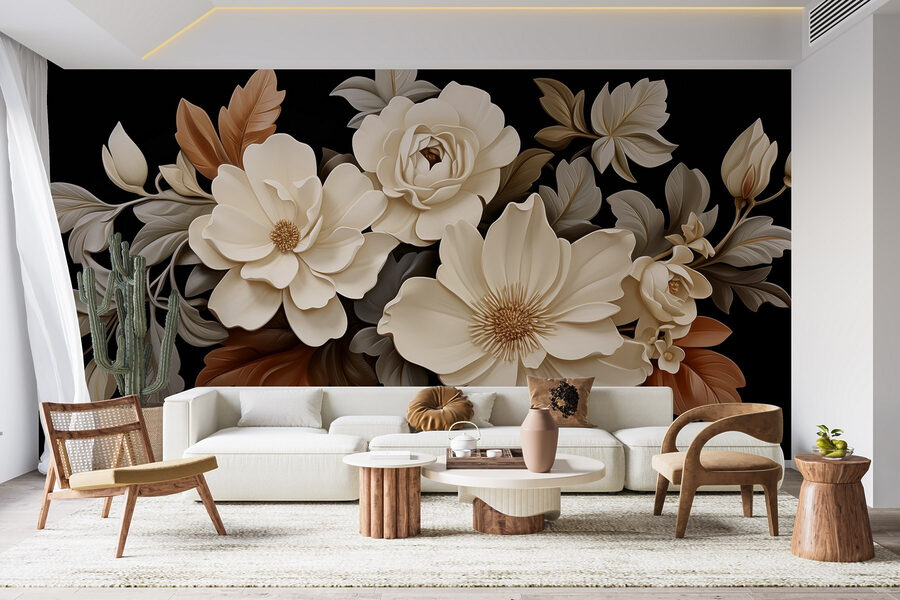 Grupo de flores brancas com folhas castanhas