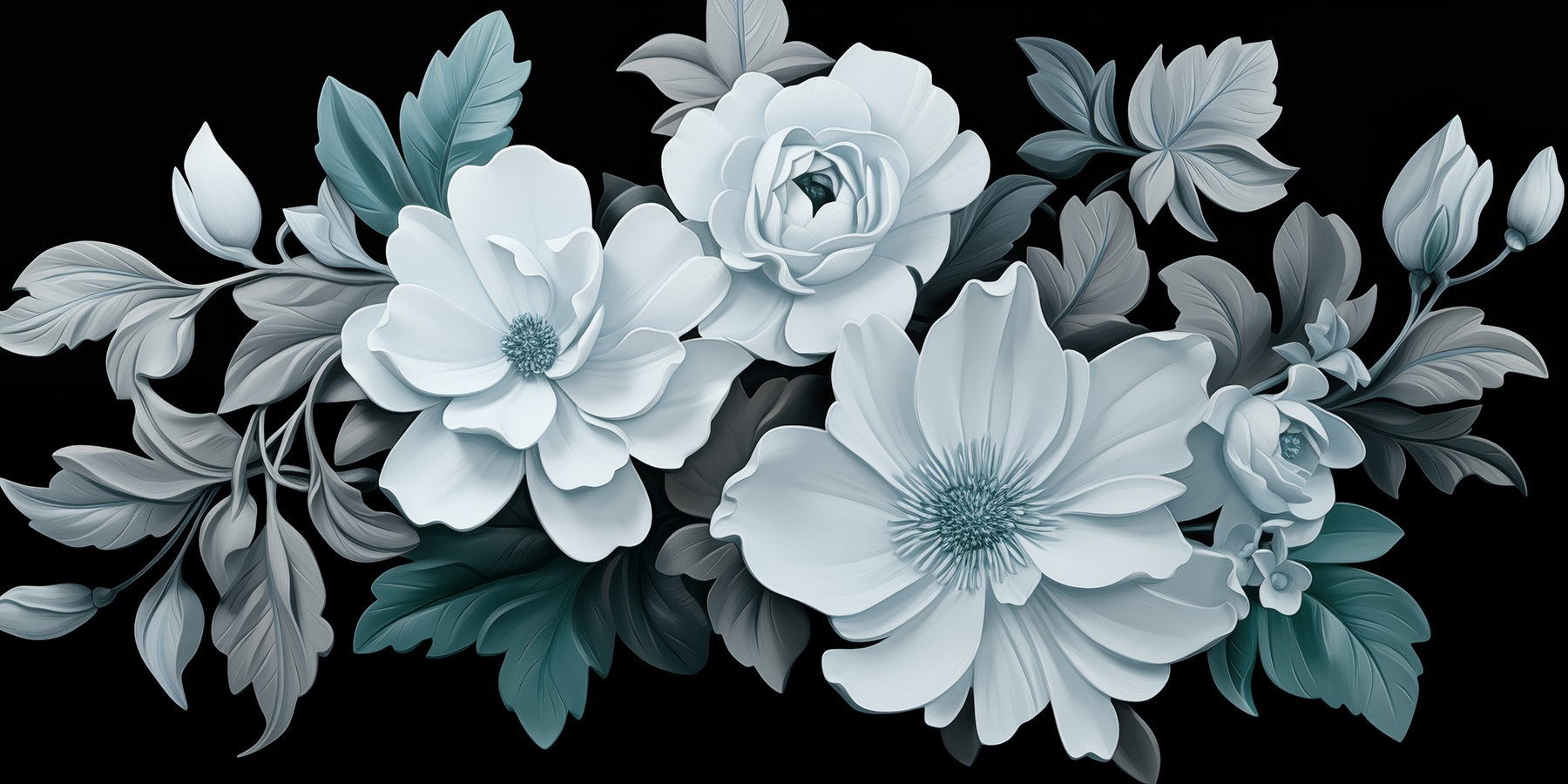 Group of white flowers with black leaves