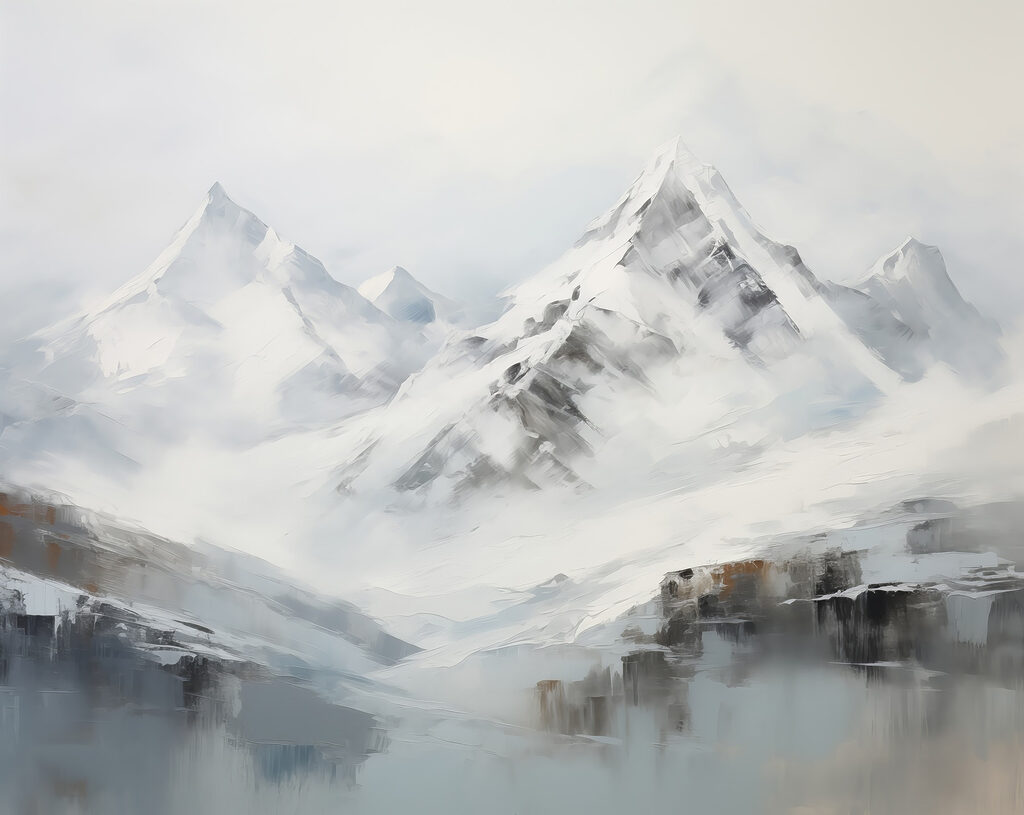 Pintura de uma cadeia de montanhas nevadas Pintura de uma cadeia de montanhas nevadas