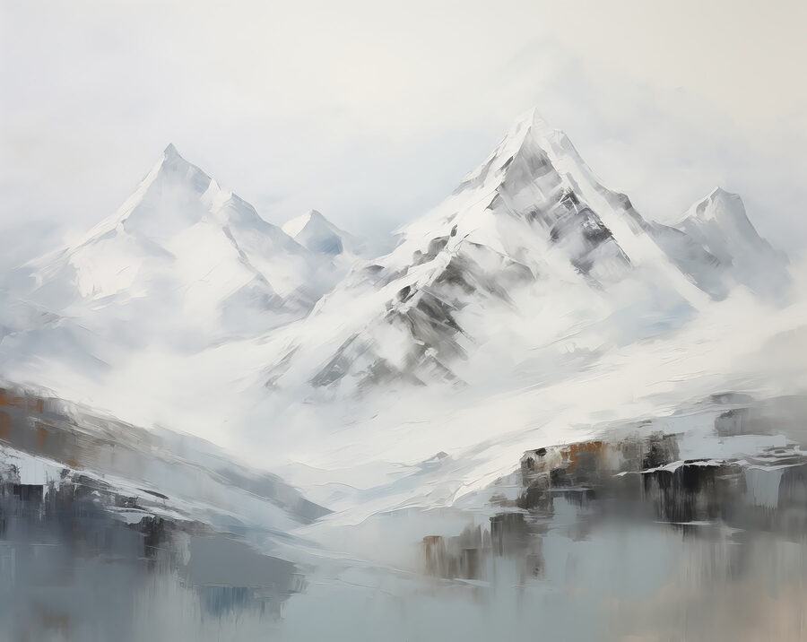 Pintura de uma cadeia de montanhas nevadas