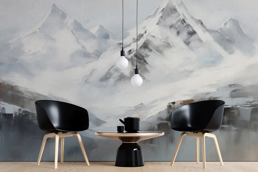 Pintura de uma cadeia de montanhas nevadas