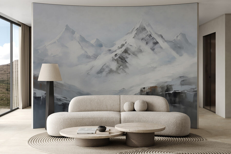 Pintura de uma cadeia de montanhas nevadas