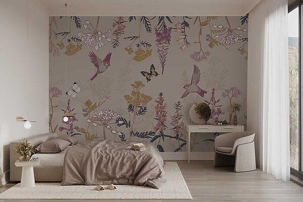 Papel de parede com pássaros e flores Papel de parede com pássaros e flores