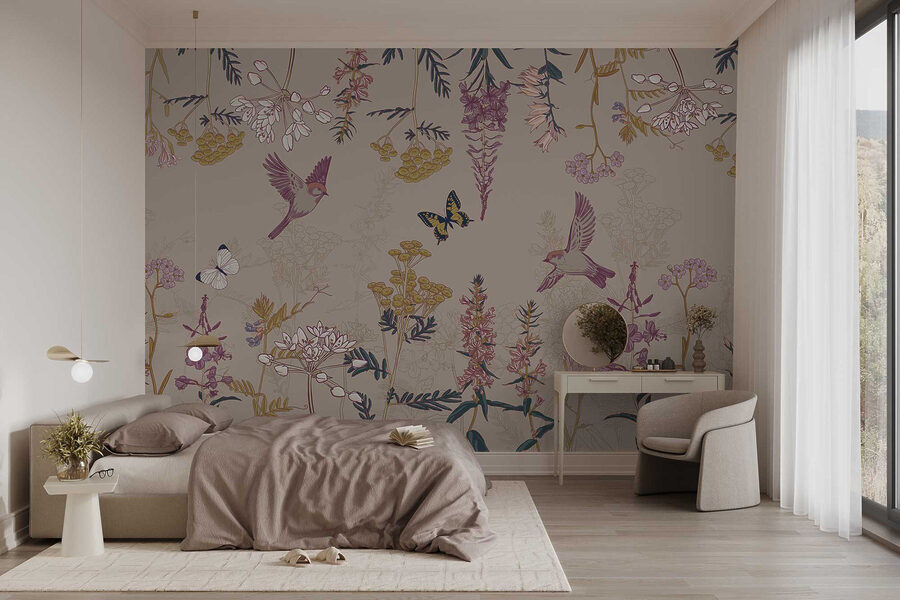 Papel de parede com pássaros e flores