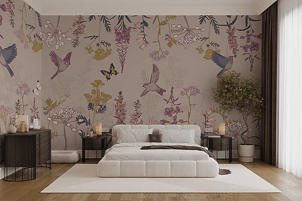 Papel de parede com pássaros e flores Papel de parede com pássaros e flores