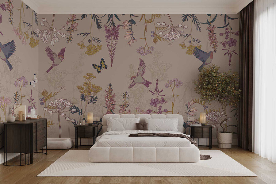 Papel de parede com pássaros e flores