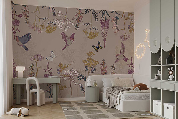 Papel de parede com pássaros e flores Papel de parede com pássaros e flores