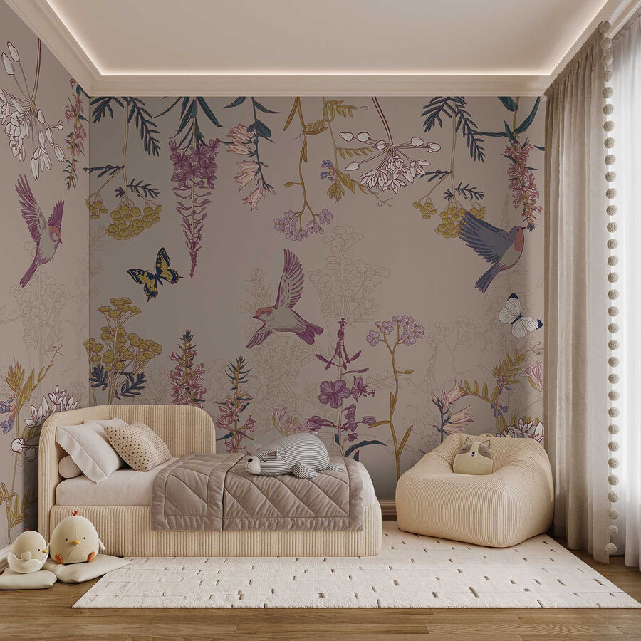 Papel de parede com pássaros e flores