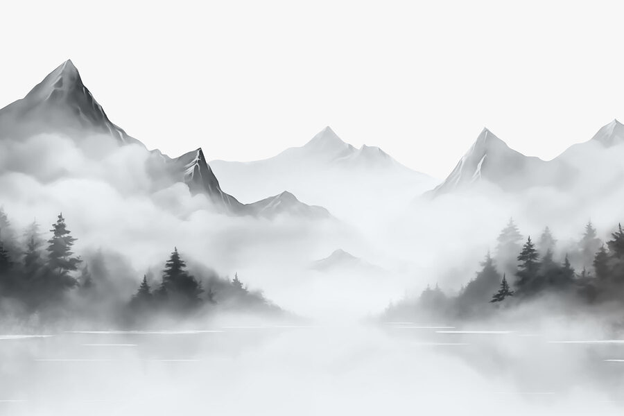 Paisagem de montanha com nevoeiro, árvores e montanhas