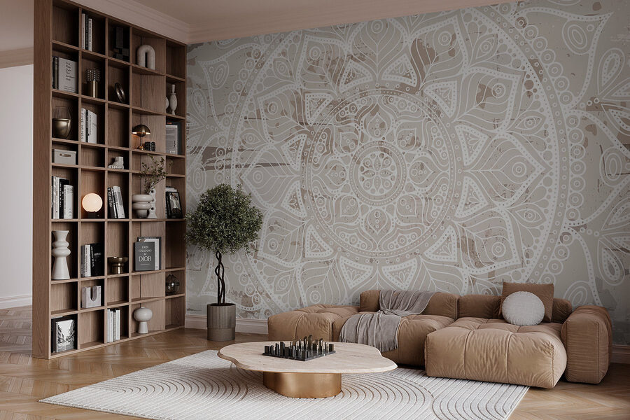 Mandala branca sobre uma superfície castanha