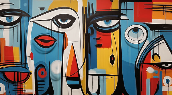 Peça de arte colorida com diferentes rostos Peça de arte colorida com diferentes rostos