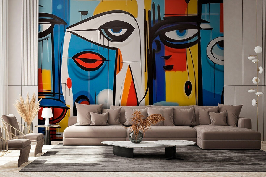 Peça de arte colorida com diferentes rostos