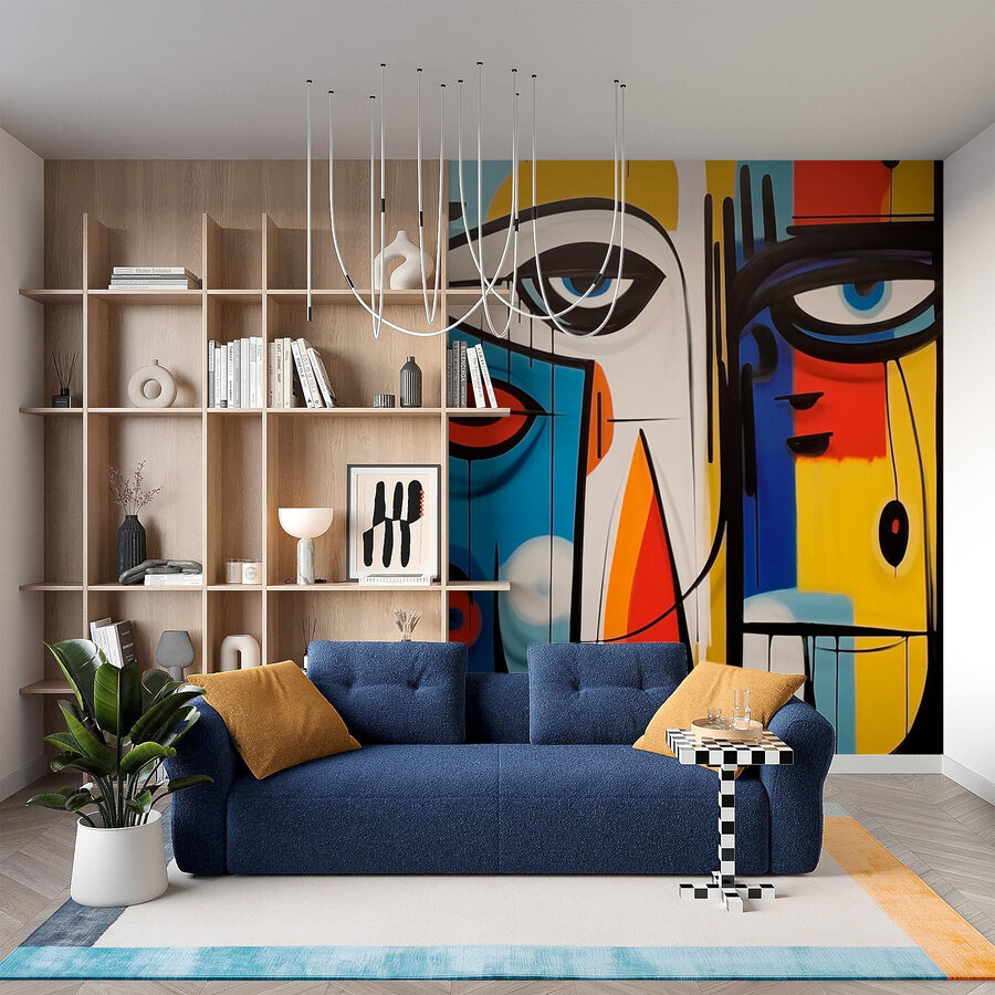 Peça de arte colorida com diferentes rostos