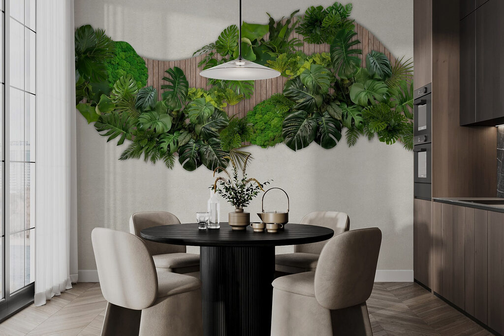 Group of green leaves on a wooden surface Group of green leaves on a wooden surface