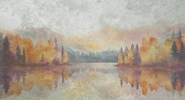 Pintura a aguarela de um lago com árvores e montanhas Pintura a aguarela de um lago com árvores e montanhas