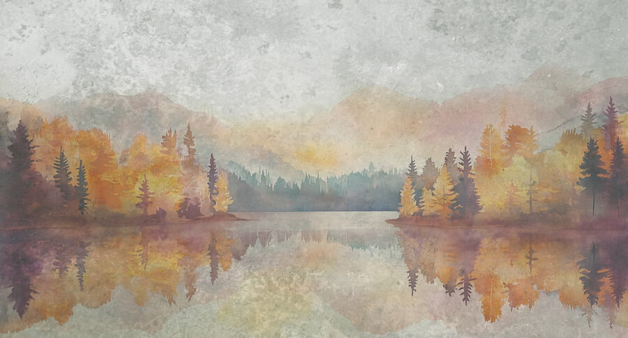 Pintura a aguarela de um lago com árvores e montanhas