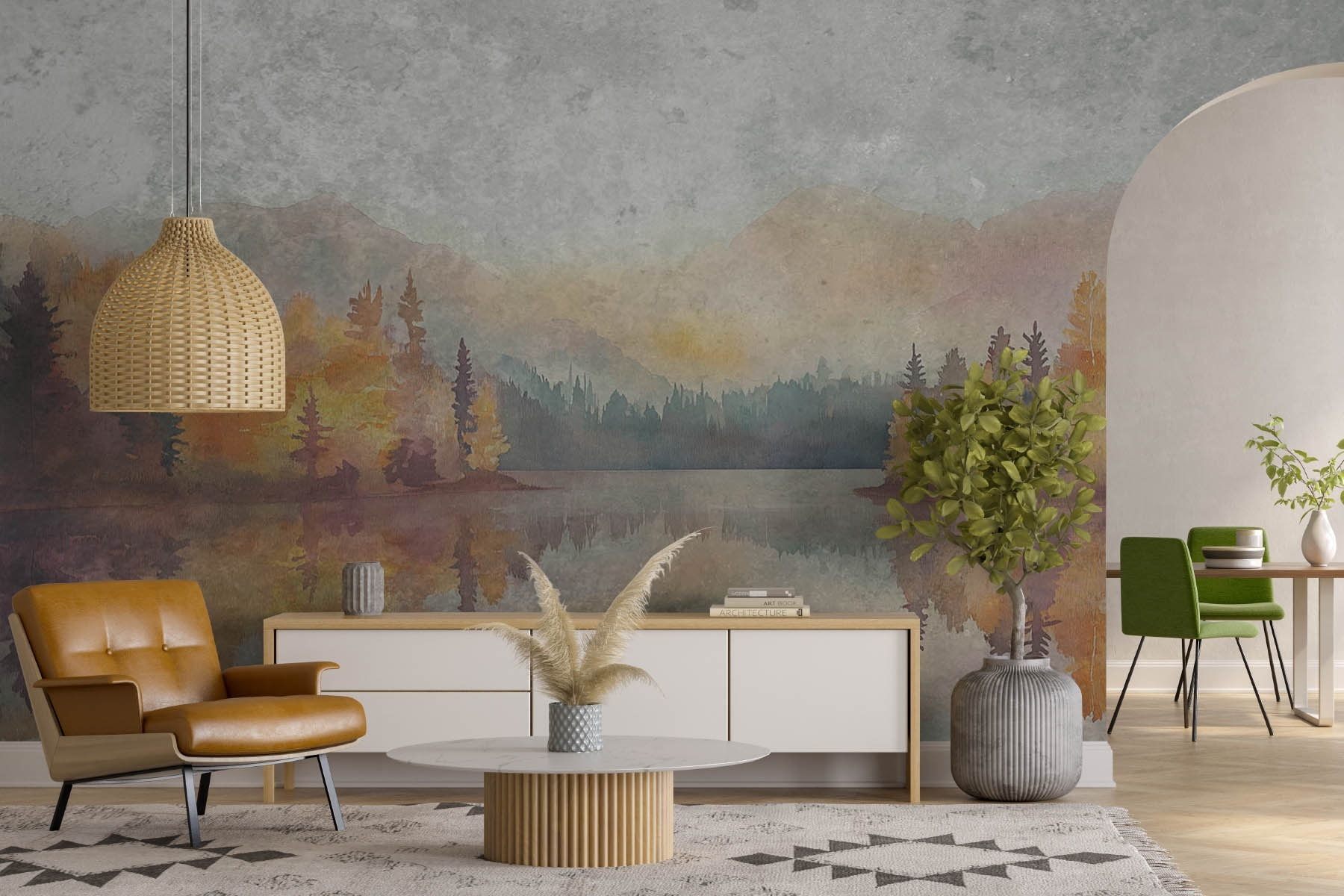 Watercolor painting of a lake with trees and mountains