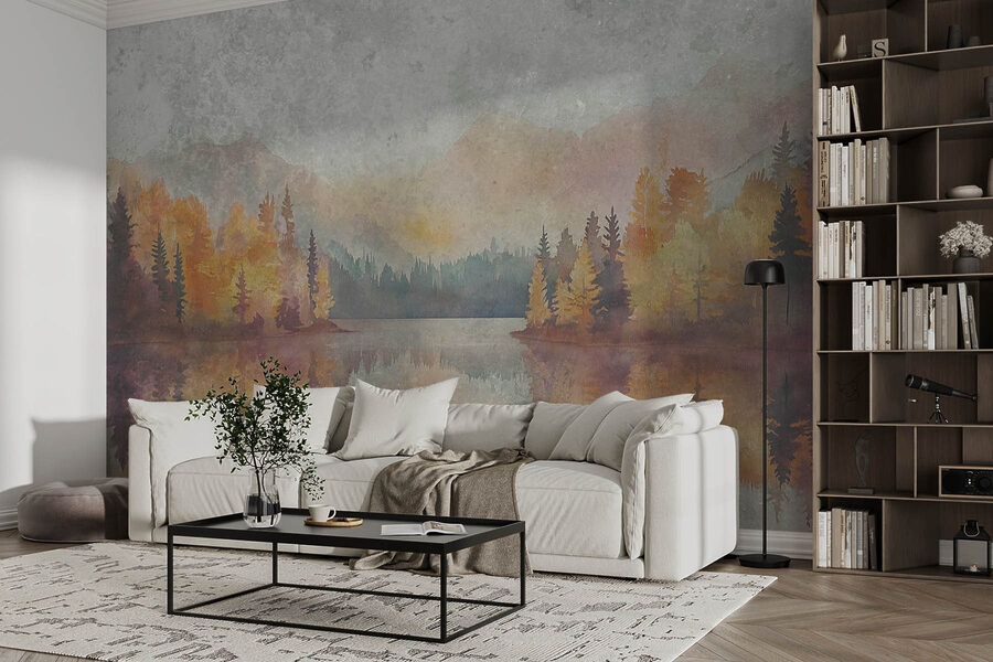 Pintura a aguarela de um lago com árvores e montanhas