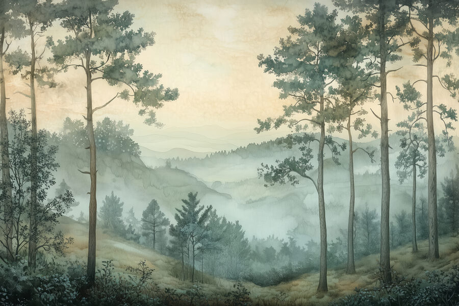Papel de parede Pintura de uma floresta com nevoeiro - Image 6