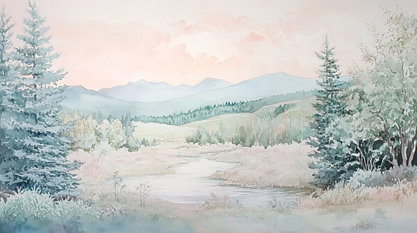 Watercolor painting of a river in a valley Watercolor painting of a river in a valley