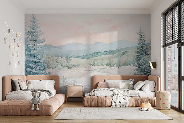 Watercolor painting of a river in a valley Watercolor painting of a river in a valley