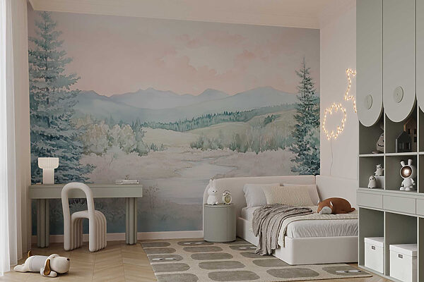 Watercolor painting of a river in a valley Watercolor painting of a river in a valley