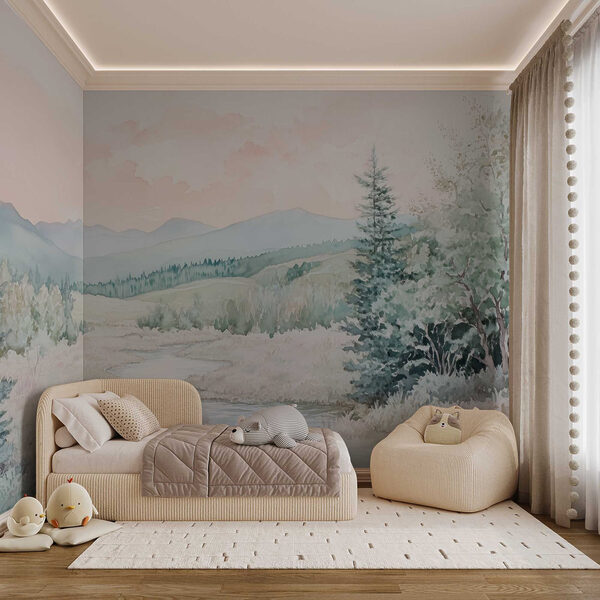 Watercolor painting of a river in a valley Watercolor painting of a river in a valley