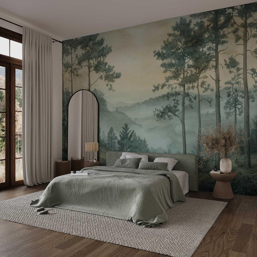 Papel de parede Pintura de uma floresta com nevoeiro