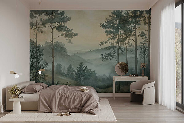 Pintura de uma floresta com nevoeiro Pintura de uma floresta com nevoeiro