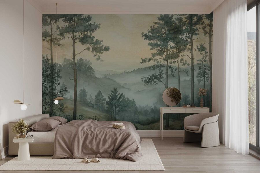 Papel de parede Pintura de uma floresta com nevoeiro - Image 2