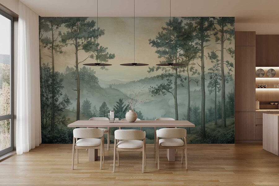 Papel de parede Pintura de uma floresta com nevoeiro - Image 3