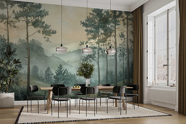 Pintura de uma floresta com nevoeiro Pintura de uma floresta com nevoeiro