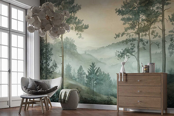 Pintura de uma floresta com nevoeiro Pintura de uma floresta com nevoeiro