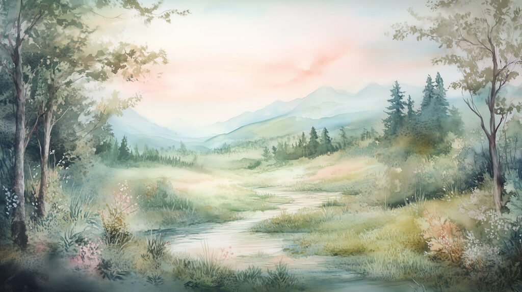 Pintura a aguarela de um rio que atravessa um vale Pintura a aguarela de um rio que atravessa um vale